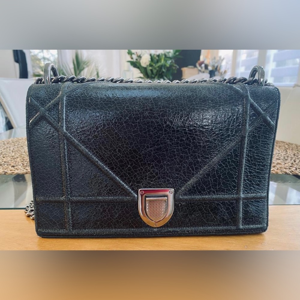 Diorama Classic first edition bag, crackled patent black leather.